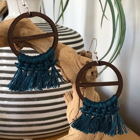 Leisurely Jewelry - Teal Tassel Earrings | Dark Wood, Cotton & Silver